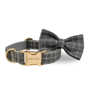 Grey Plaid Dog Bow Tie & Collar Set with Name