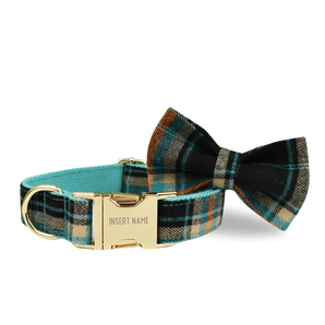 Teal Plaid Dog Bow Tie & Collar Set with Name