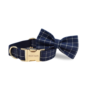 Oxford Blue Dog Bow Tie & Collar Set with Name