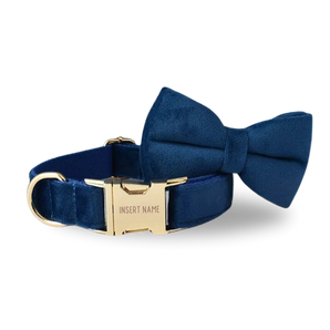 Navy Blue Velvet Dog Bow Tie Collar Set